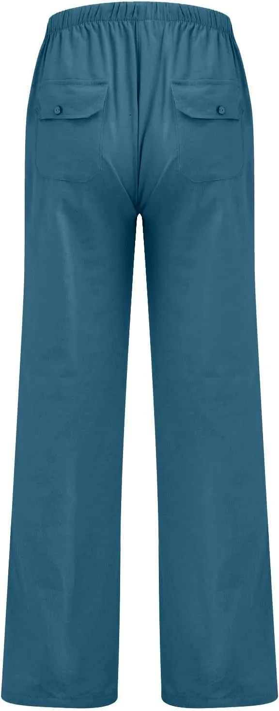 Women's Cotton Linen Pants Palazzo Summer Wide Leg 2024 Casual Loose Drawstring High Waist Beach Pants Trousers