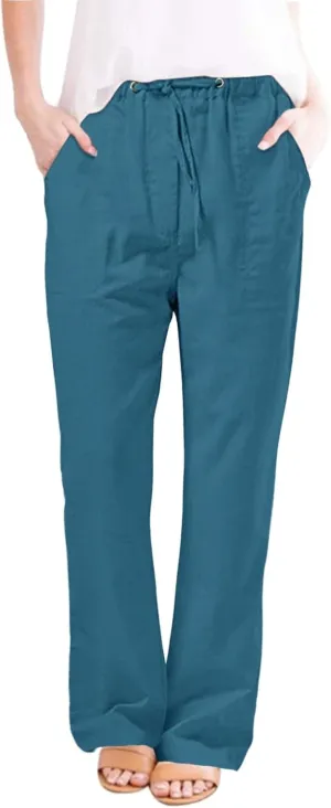 Women's Cotton Linen Pants Palazzo Summer Wide Leg 2024 Casual Loose Drawstring High Waist Beach Pants Trousers