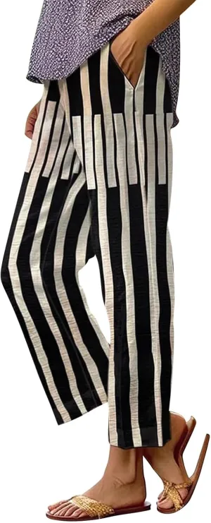 Womens Cotton Linen Pants with Pockets Floral Elastic Waisted Trousers Beach Summer Linen Petite Pants 2025