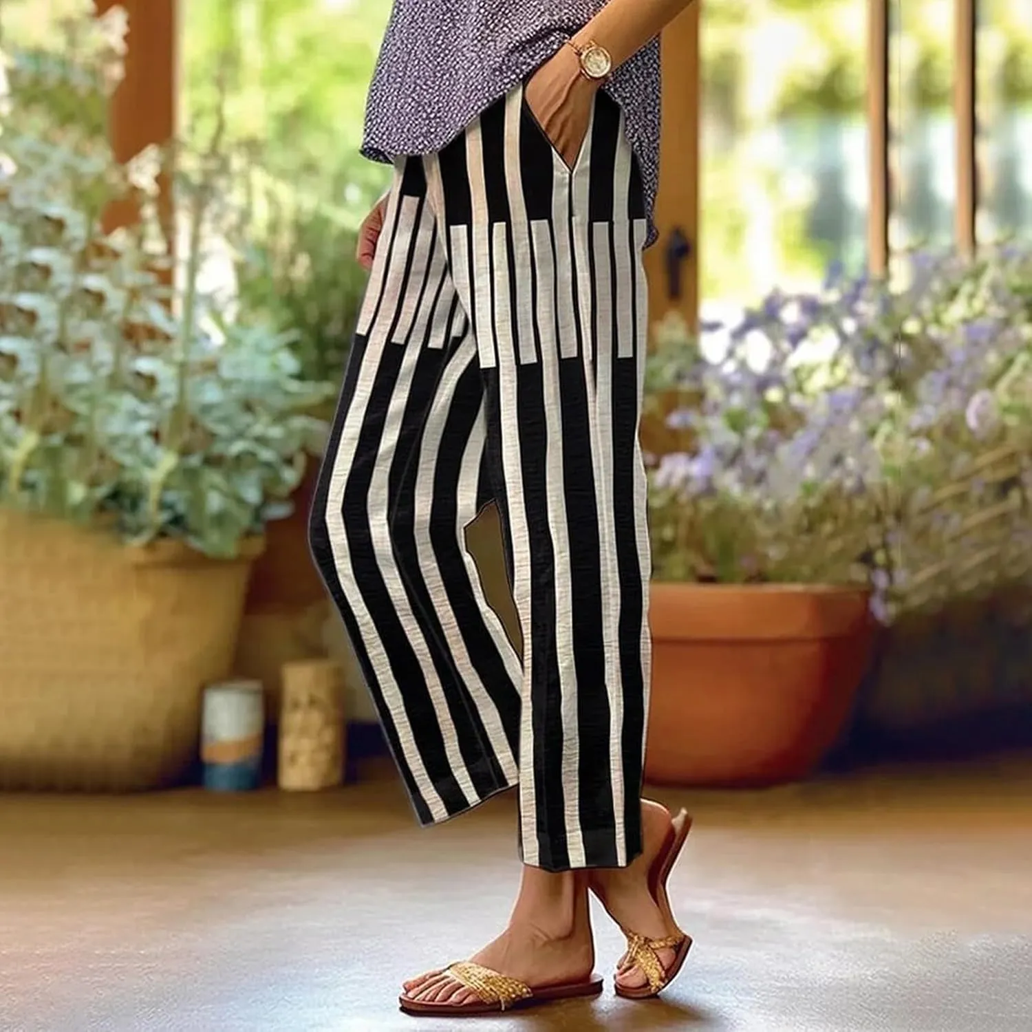Womens Cotton Linen Pants with Pockets Floral Elastic Waisted Trousers Beach Summer Linen Petite Pants 2025