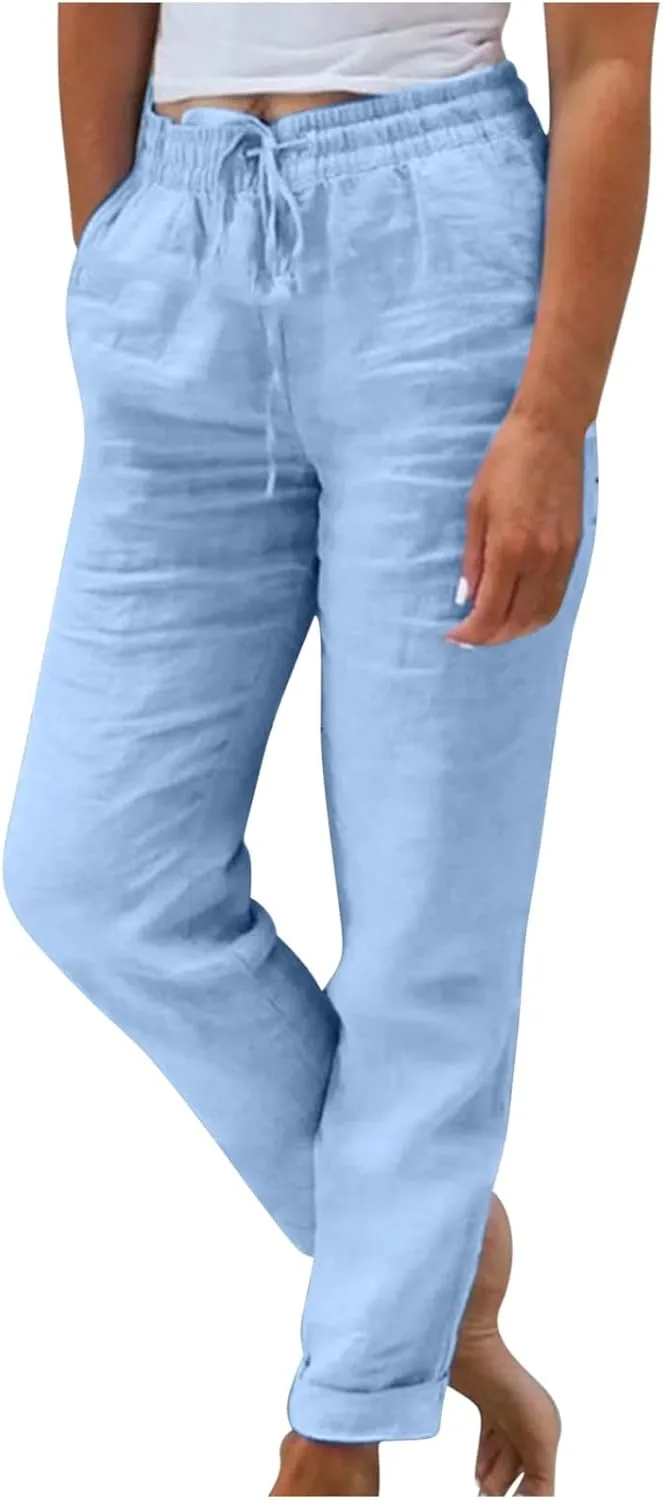 Women's Cotton Linen Rolled Hem Cropped Pants, Solid Color Drawstring Loose Casual Straight Leg Trousers with Pockets