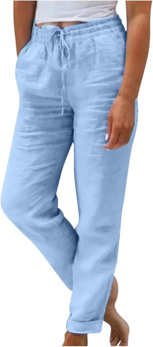 Women's Cotton Linen Rolled Hem Cropped Pants, Solid Color Drawstring Loose Casual Straight Leg Trousers with Pockets