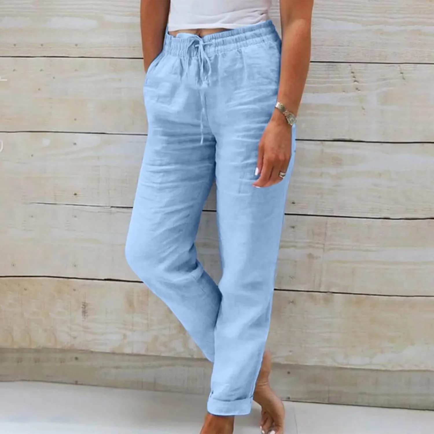 Women's Cotton Linen Rolled Hem Cropped Pants, Solid Color Drawstring Loose Casual Straight Leg Trousers with Pockets