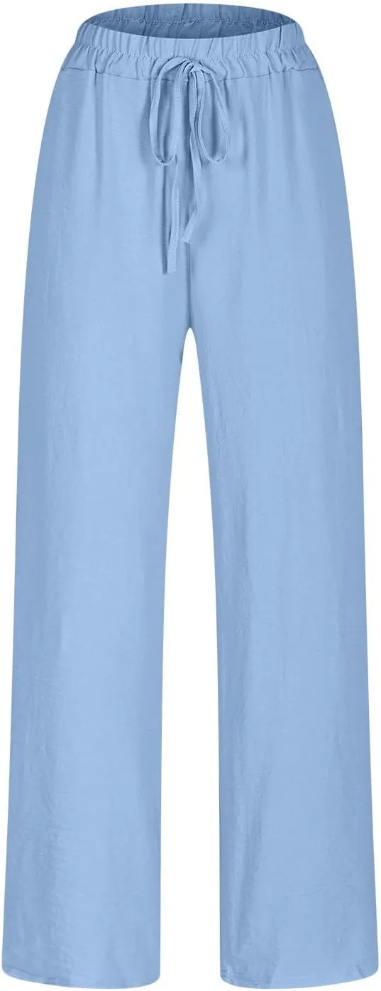 Women's Cotton Linen Rolled Hem Cropped Pants, Solid Color Drawstring Loose Casual Straight Leg Trousers with Pockets