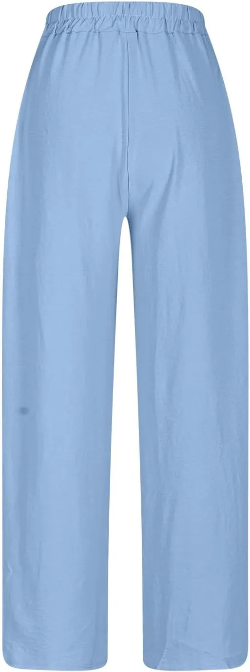 Women's Cotton Linen Rolled Hem Cropped Pants, Solid Color Drawstring Loose Casual Straight Leg Trousers with Pockets