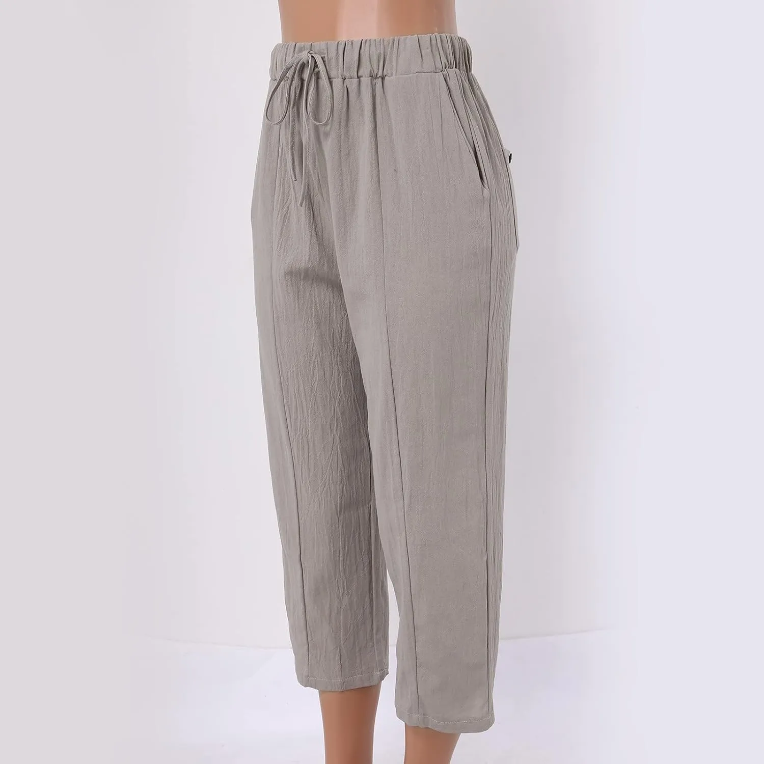 Womens Cotton Linen Summer Cropped Pants Low Waist Baggy Stretchy Slim Fit Trousers Travel