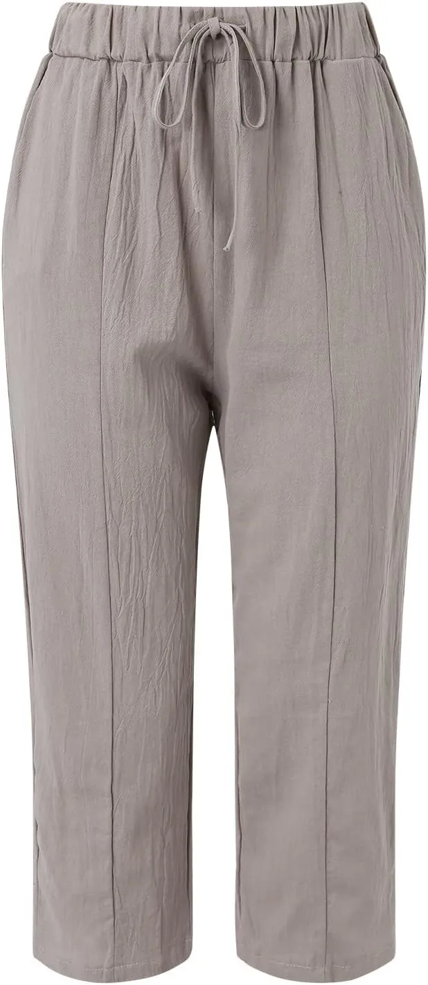 Womens Cotton Linen Summer Cropped Pants Low Waist Baggy Stretchy Slim Fit Trousers Travel
