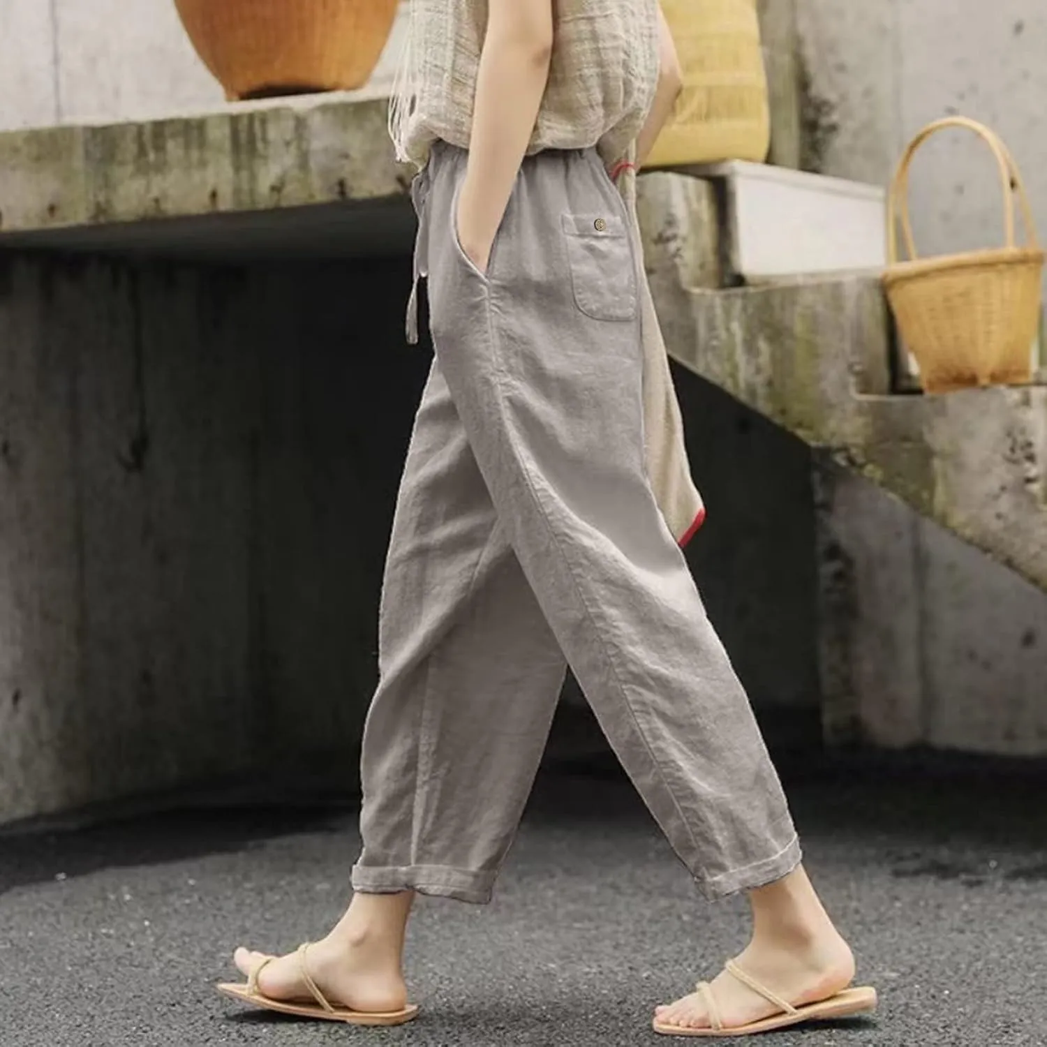 Womens Cotton Linen Summer Cropped Pants Low Waist Baggy Stretchy Slim Fit Trousers Travel