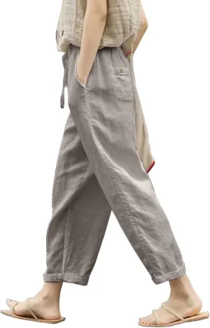 Womens Cotton Linen Summer Cropped Pants Low Waist Baggy Stretchy Slim Fit Trousers Travel