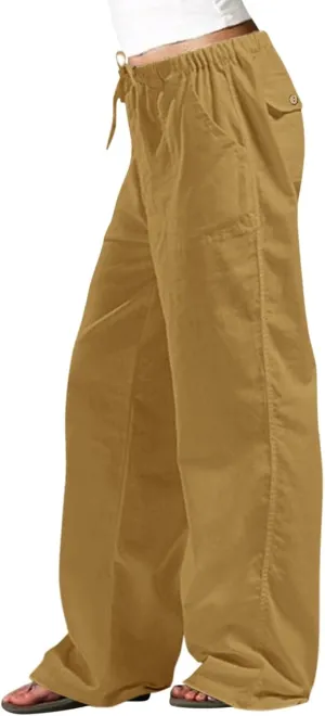 Womens Cotton Linen Summer Letter Patched Palazzo Pants Low Waist Lounge Pants Loose Fit Palazzo Lounge Pants
