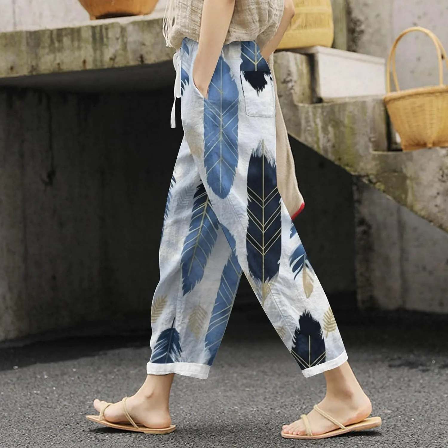 Womens Cotton Linen Summer Split Flowy Palazzo Lounge Pants Low Waist Stretchy Slim Fit Pants Work Business