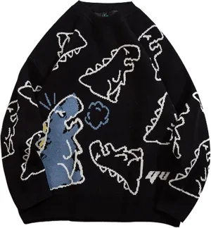 Women's Dinosaur Sweater Vintage Oversized Sweater Y2K Graphic Knit Pullover Sweater Unisex Casual Cute Kawaii Tops
