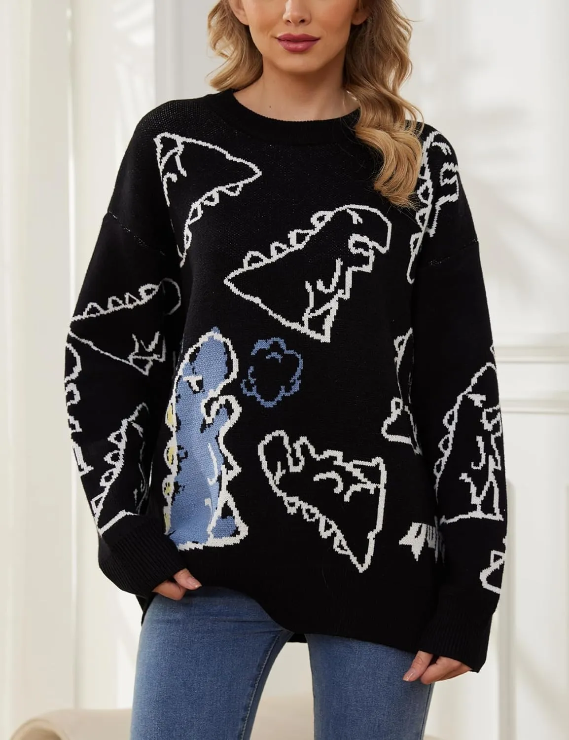 Women's Dinosaur Sweater Vintage Oversized Sweater Y2K Graphic Knit Pullover Sweater Unisex Casual Cute Kawaii Tops