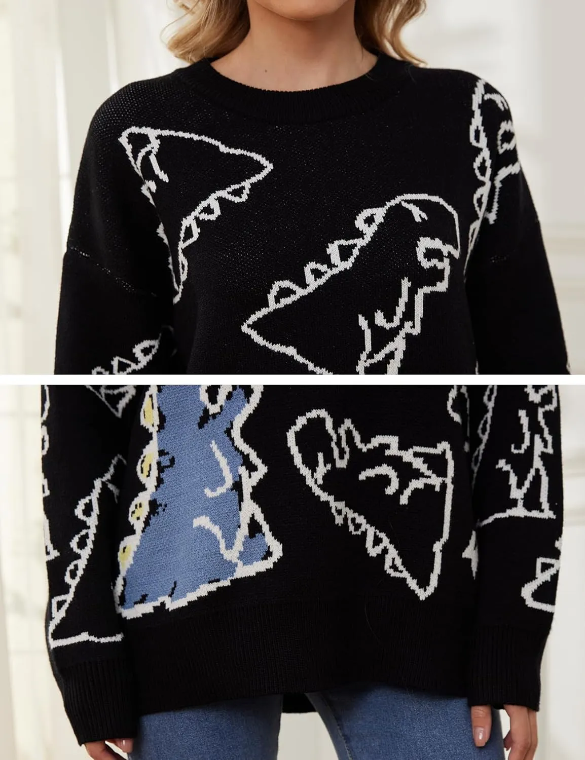 Women's Dinosaur Sweater Vintage Oversized Sweater Y2K Graphic Knit Pullover Sweater Unisex Casual Cute Kawaii Tops