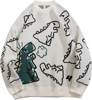 Women's Dinosaur Sweater Vintage Oversized Sweater Y2K Graphic Knit Pullover Sweater Unisex Casual Cute Kawaii Tops