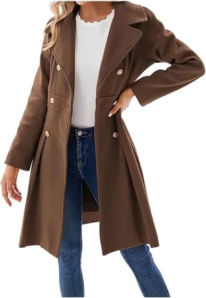 Womens Double Breasted Trench Coat Wool Blend Notch Lapel Pea Coat Elegant Long Coats Jacket Overcoat