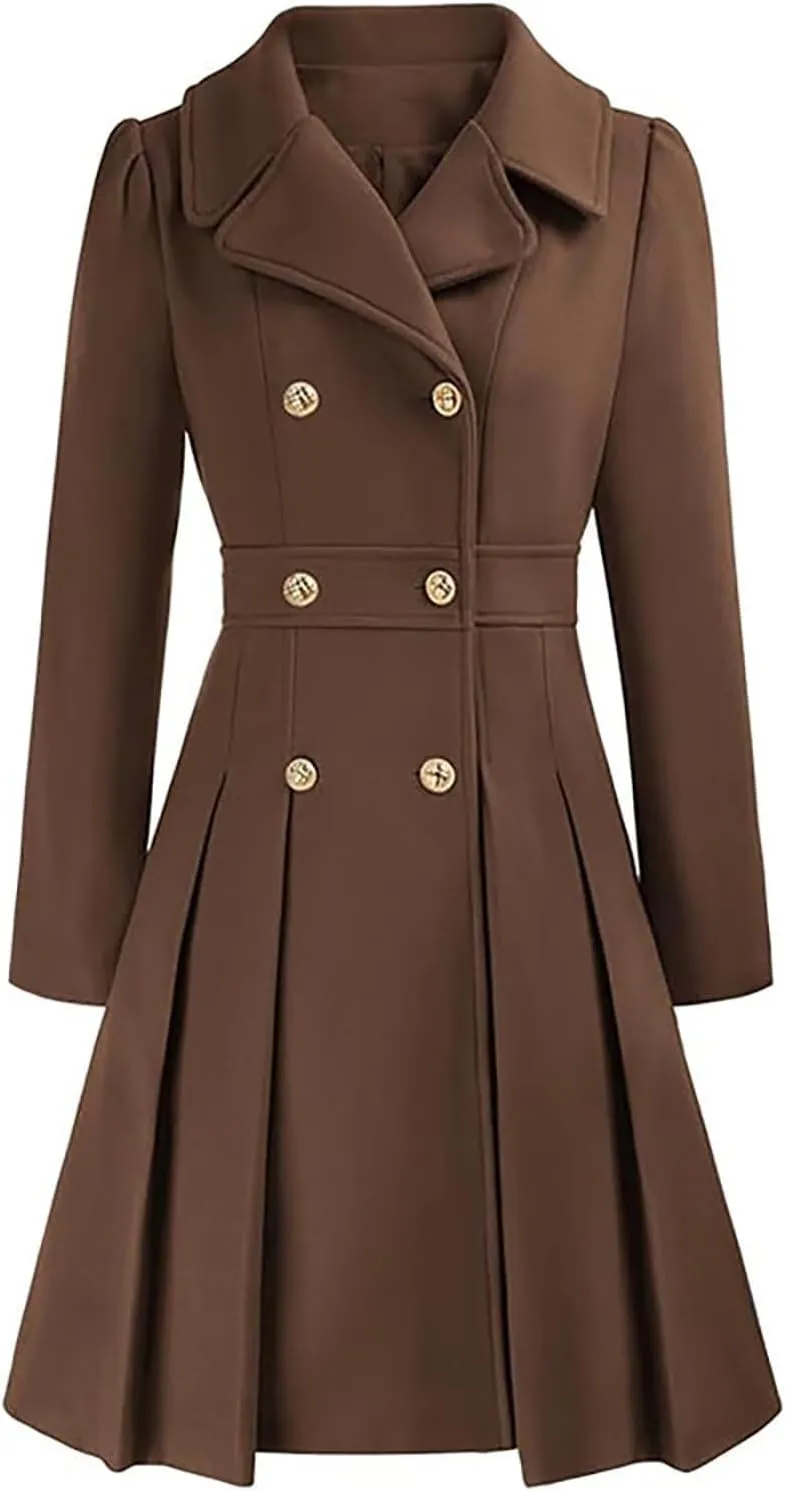 Womens Double Breasted Trench Coat Wool Blend Notch Lapel Pea Coat Elegant Long Coats Jacket Overcoat