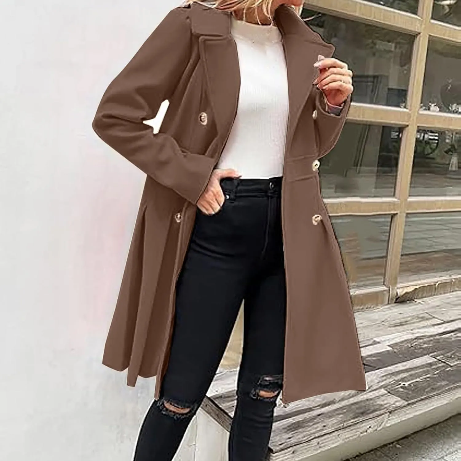 Womens Double Breasted Trench Coat Wool Blend Notch Lapel Pea Coat Elegant Long Coats Jacket Overcoat