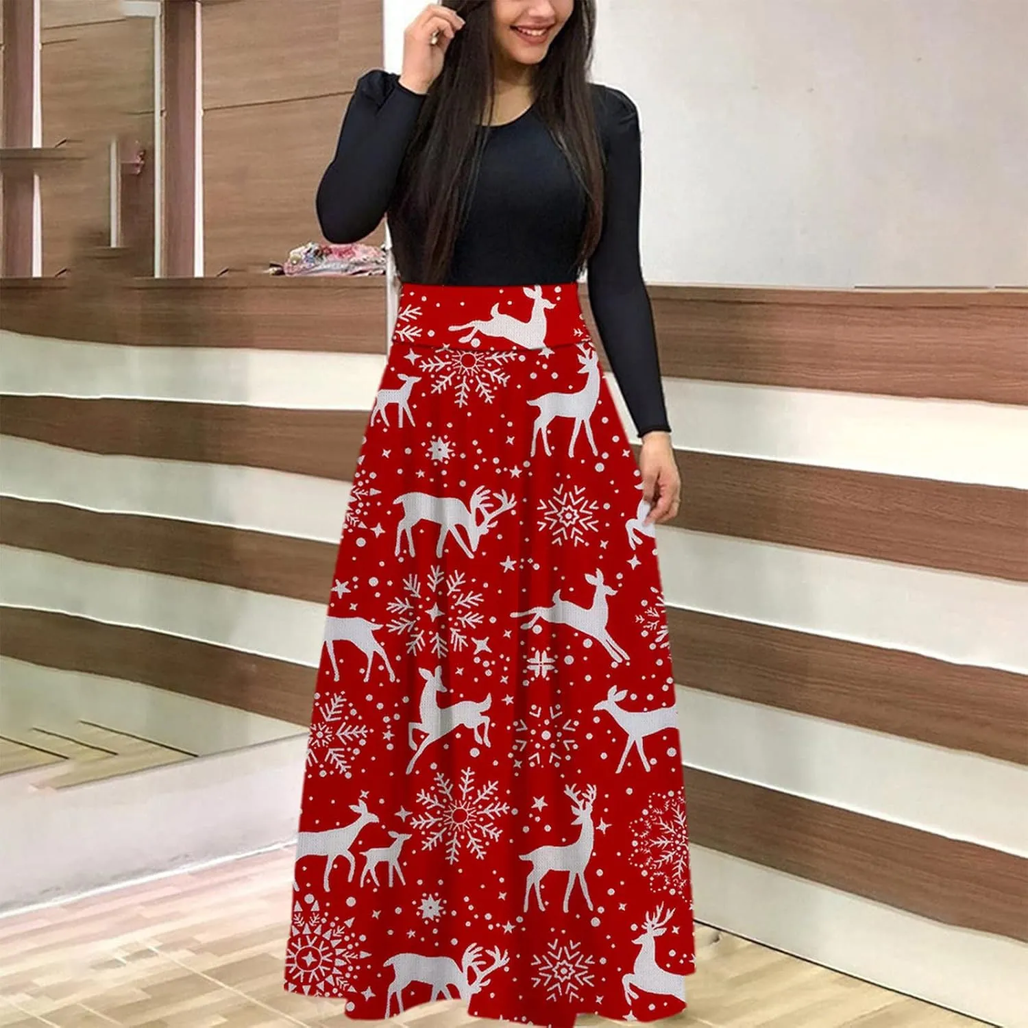 Women's Dresses Christmas Printed Long Sleeve Round Neck Long Maxi Dress Casual Fashion High Waist Jumper Dress