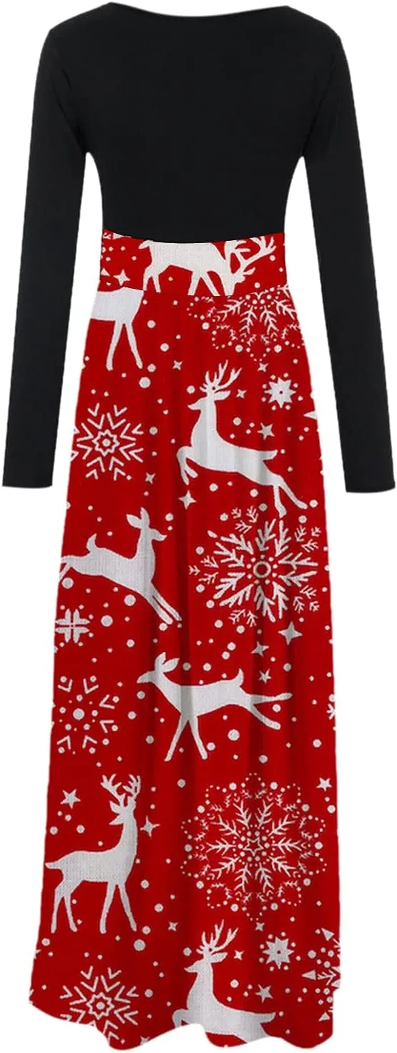 Women's Dresses Christmas Printed Long Sleeve Round Neck Long Maxi Dress Casual Fashion High Waist Jumper Dress