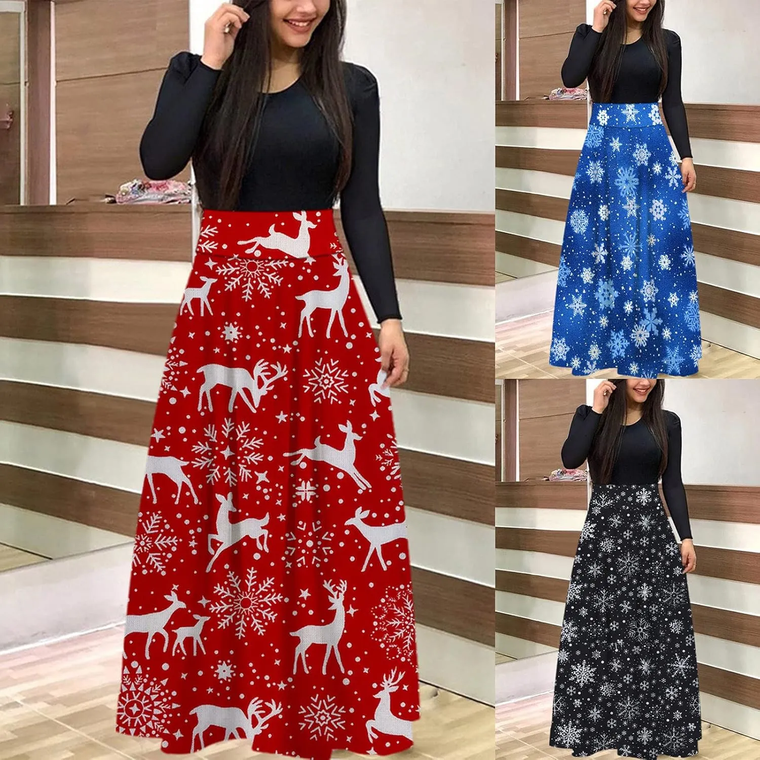 Women's Dresses Christmas Printed Long Sleeve Round Neck Long Maxi Dress Casual Fashion High Waist Jumper Dress