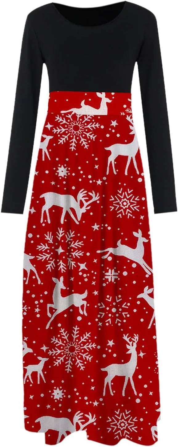 Women's Dresses Christmas Printed Long Sleeve Round Neck Long Maxi Dress Casual Fashion High Waist Jumper Dress