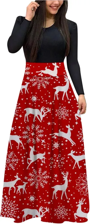Women's Dresses Christmas Printed Long Sleeve Round Neck Long Maxi Dress Casual Fashion High Waist Jumper Dress