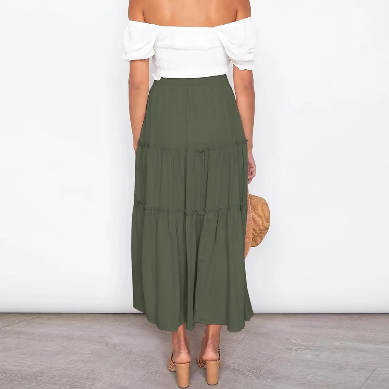 Womens Elastic High Waist Boho Maxi Skirt Ruffle A Line Swing Long Skirts Pleated Skirt for Women