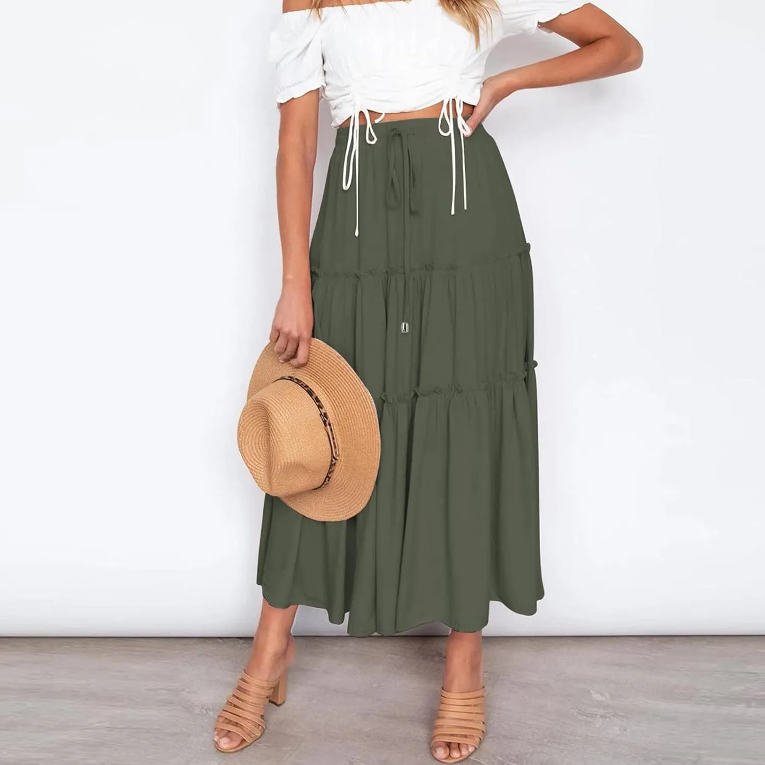 Womens Elastic High Waist Boho Maxi Skirt Ruffle A Line Swing Long Skirts Pleated Skirt for Women