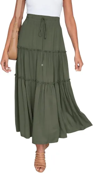 Womens Elastic High Waist Boho Maxi Skirt Ruffle A Line Swing Long Skirts Pleated Skirt for Women