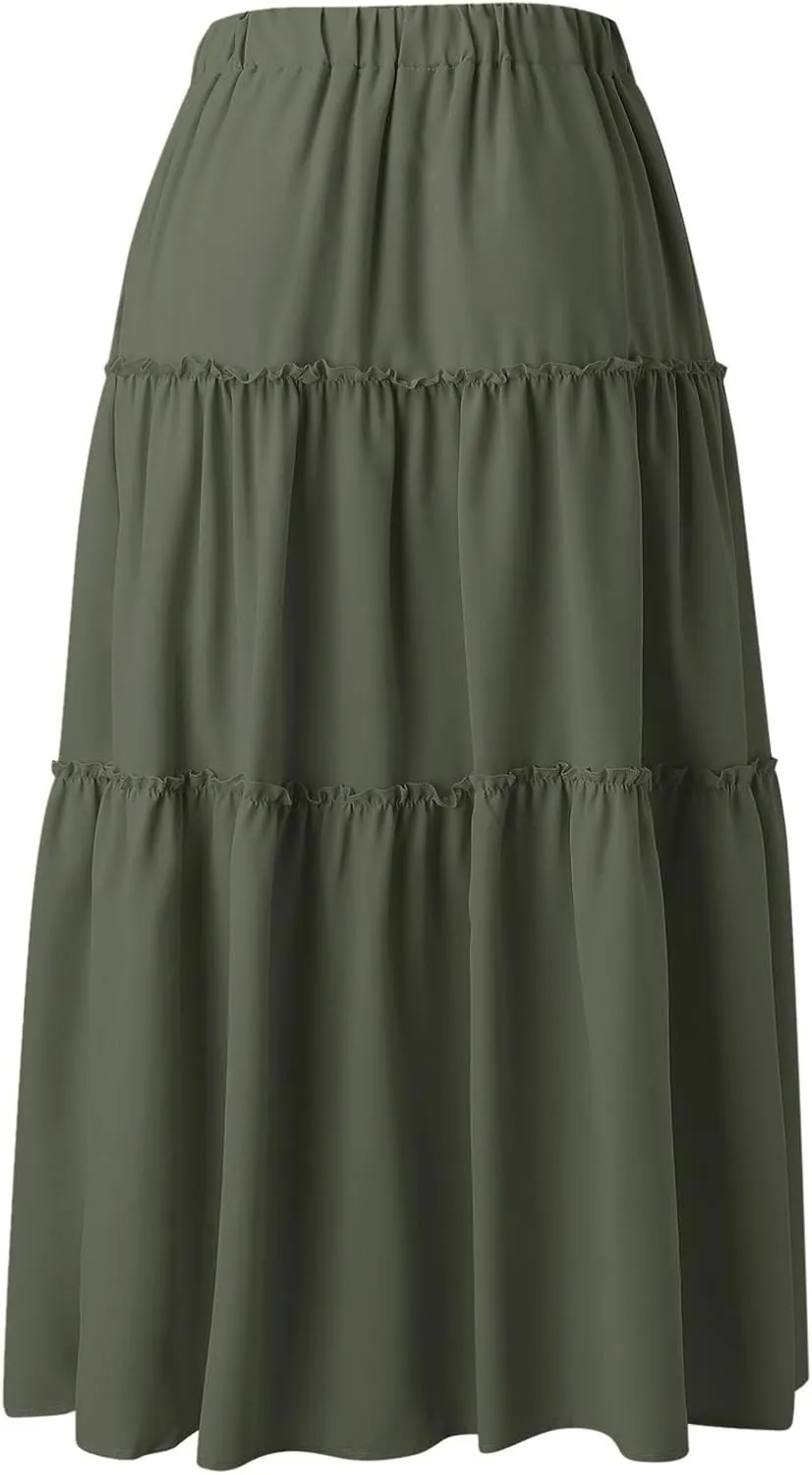 Womens Elastic High Waist Boho Maxi Skirt Ruffle A Line Swing Long Skirts Pleated Skirt for Women