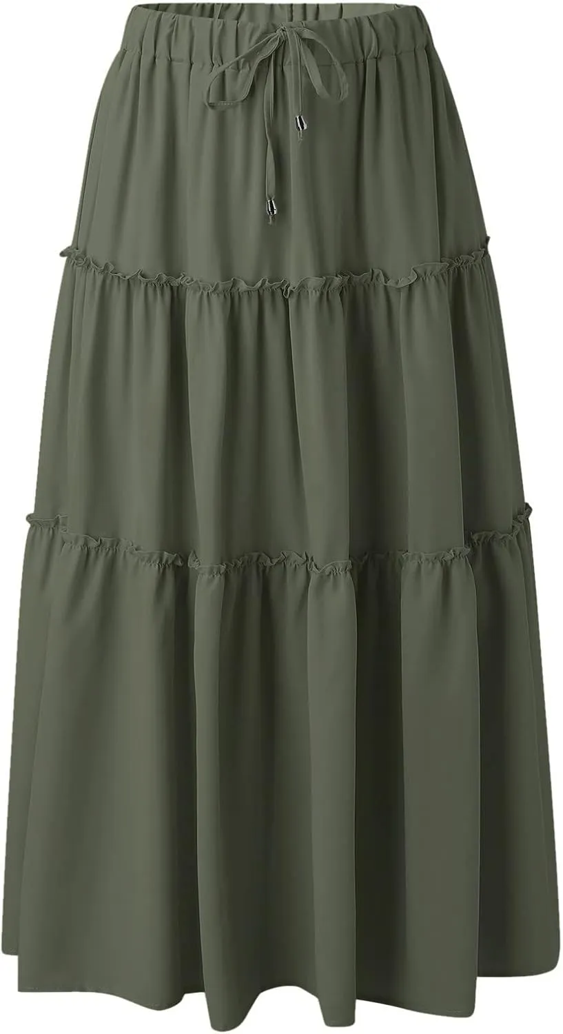 Womens Elastic High Waist Boho Maxi Skirt Ruffle A Line Swing Long Skirts Pleated Skirt for Women