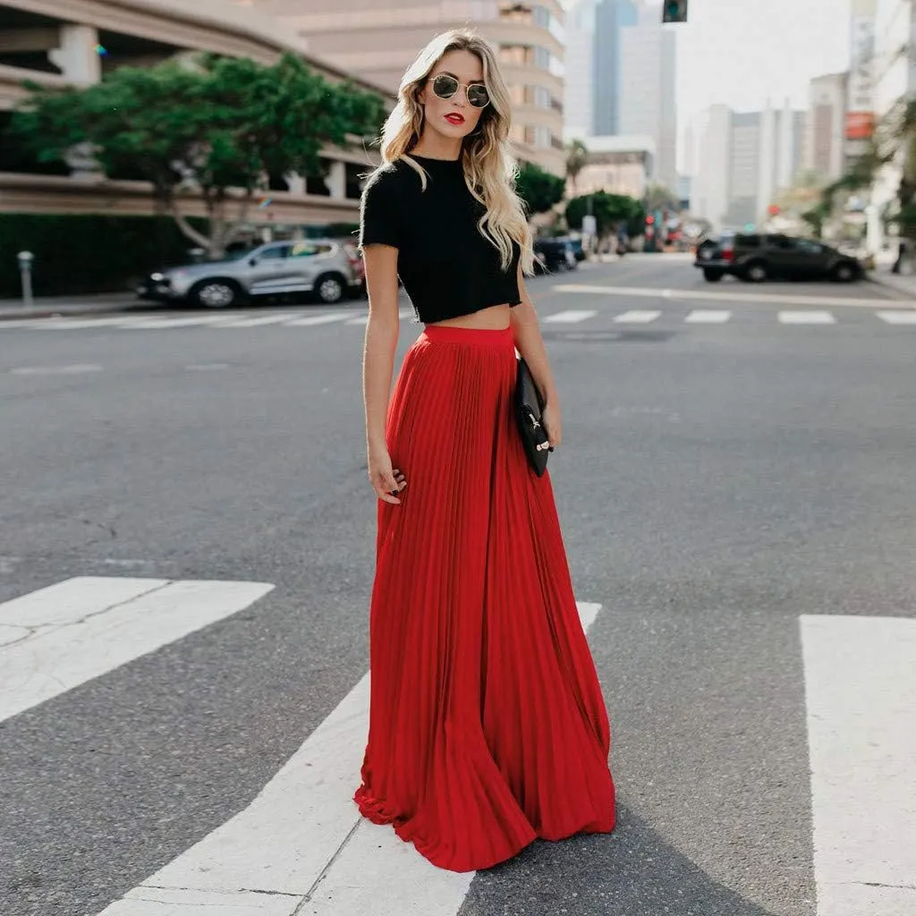 Womens Fashion High Waist Fold Soild Vintage Loose Beach Wrap Maxi Long Skirt Knee Length Knit Skirt