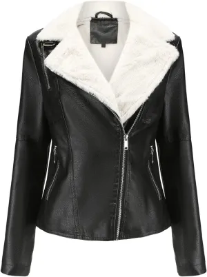 Women's Faux Shearing Moto Jacket Thick Fleece Lined Parka Winter Coat Lapel Sherpa Motorcycle Biker Leather Jacket