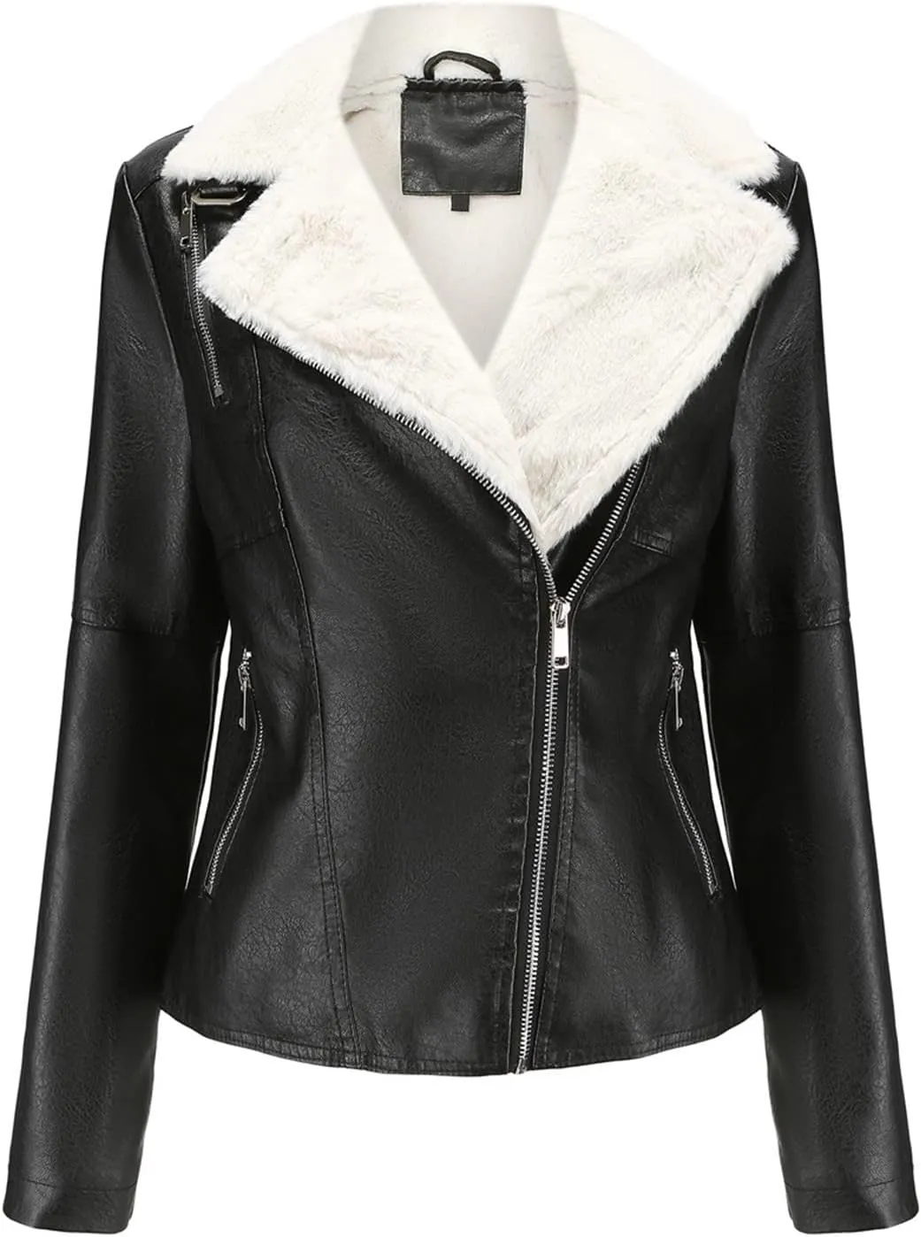 Women's Faux Shearing Moto Jacket Thick Fleece Lined Parka Winter Coat Lapel Sherpa Motorcycle Biker Leather Jacket