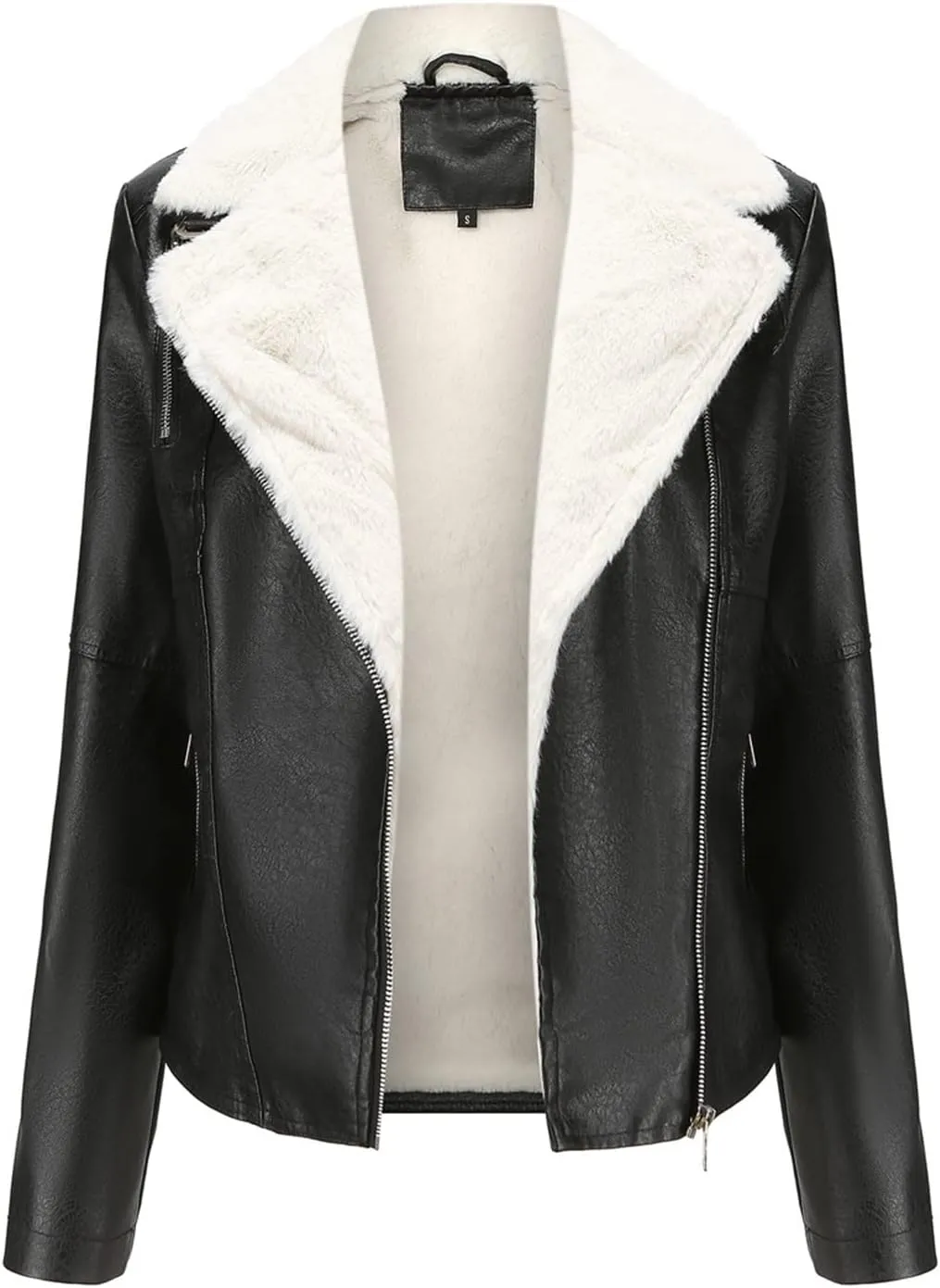 Women's Faux Shearing Moto Jacket Thick Fleece Lined Parka Winter Coat Lapel Sherpa Motorcycle Biker Leather Jacket