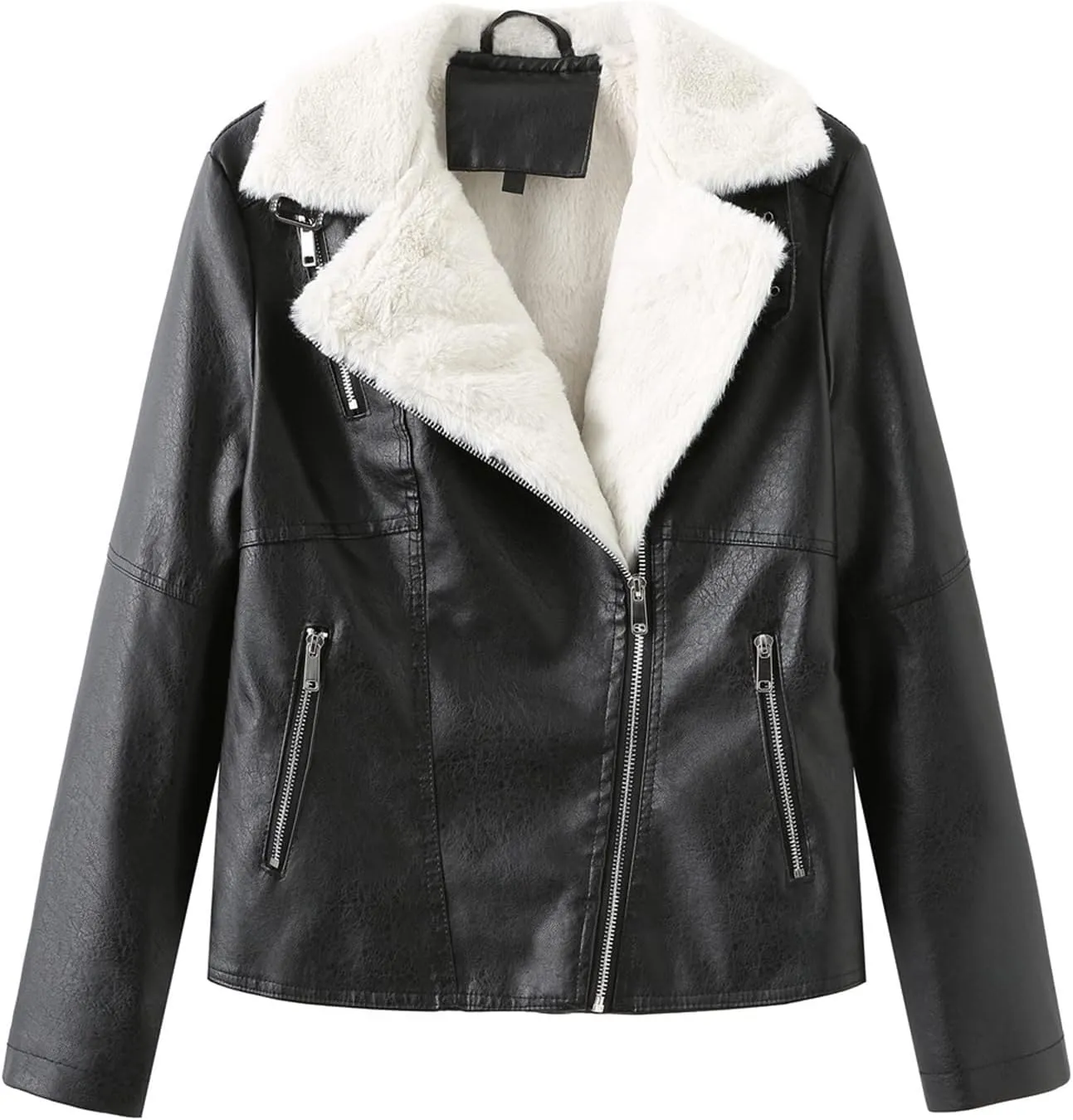 Women's Faux Shearing Moto Jacket Thick Fleece Lined Parka Winter Coat Lapel Sherpa Motorcycle Biker Leather Jacket
