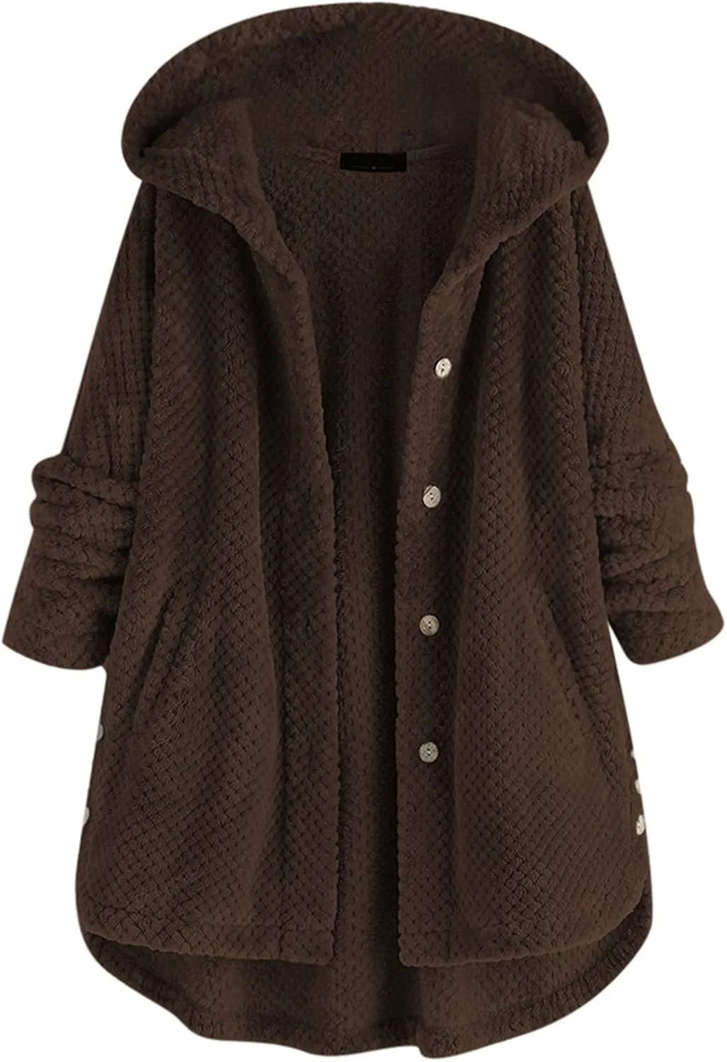 Women's Fleece Sherpa Jacket with Hood Plus Size Fuzzy Winter Coat Casual Loose Fit Bottun Up Solid Fluffy Teddy Coat