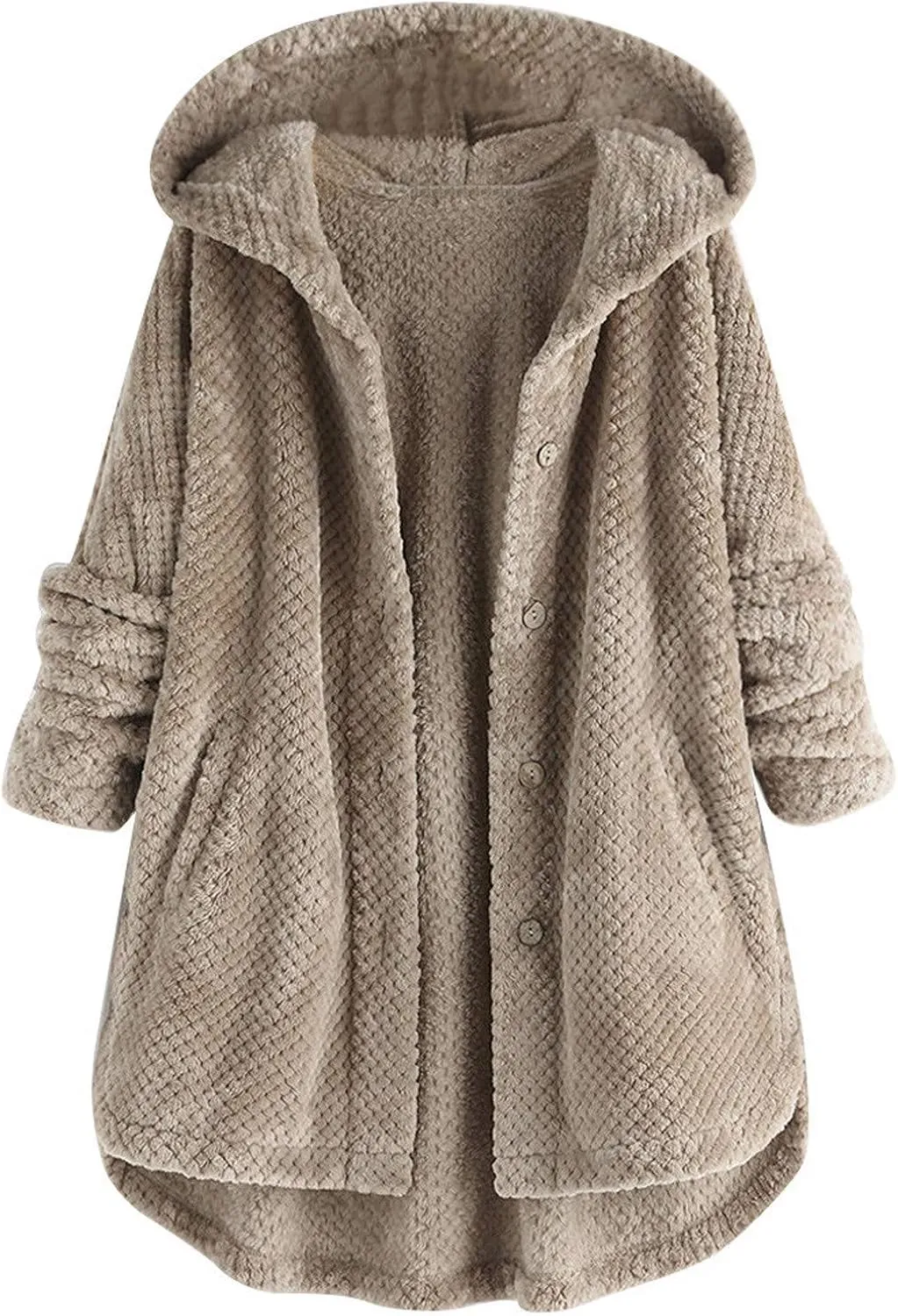Women's Fleece Sherpa Jacket with Hood Plus Size Fuzzy Winter Coat Casual Loose Fit Bottun Up Solid Fluffy Teddy Coat