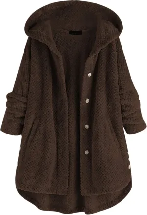 Women's Fleece Sherpa Jacket with Hood Plus Size Fuzzy Winter Coat Casual Loose Fit Bottun Up Solid Fluffy Teddy Coat