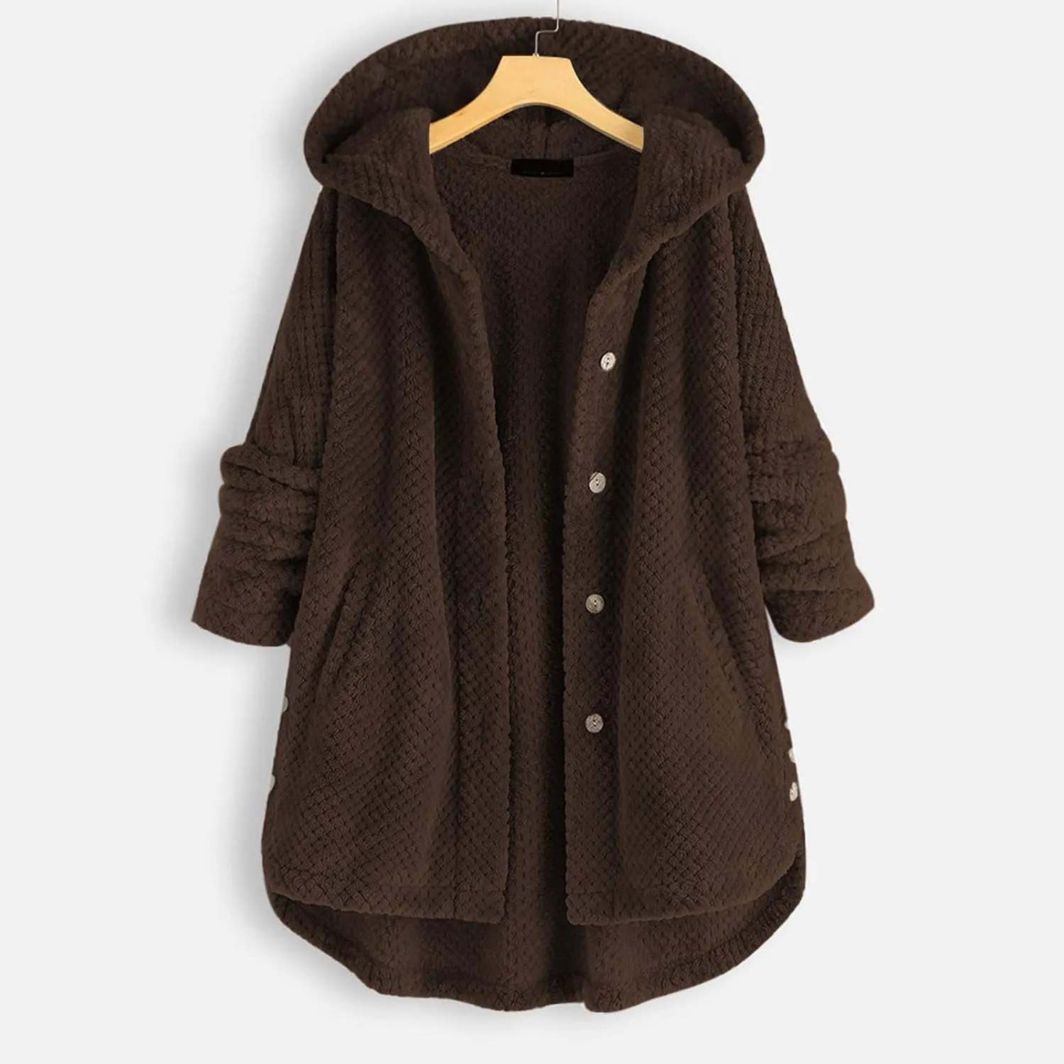 Women's Fleece Sherpa Jacket with Hood Plus Size Fuzzy Winter Coat Casual Loose Fit Bottun Up Solid Fluffy Teddy Coat