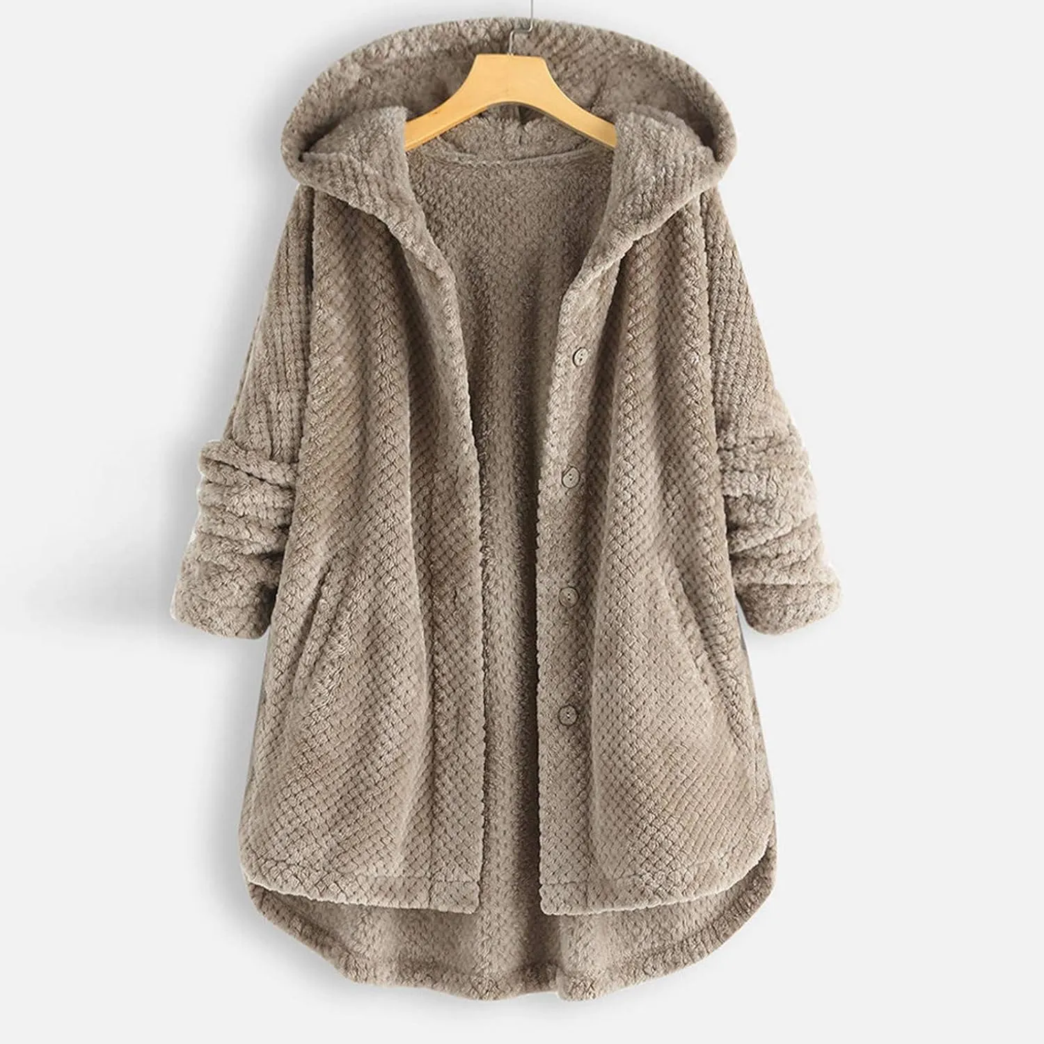 Women's Fleece Sherpa Jacket with Hood Plus Size Fuzzy Winter Coat Casual Loose Fit Bottun Up Solid Fluffy Teddy Coat