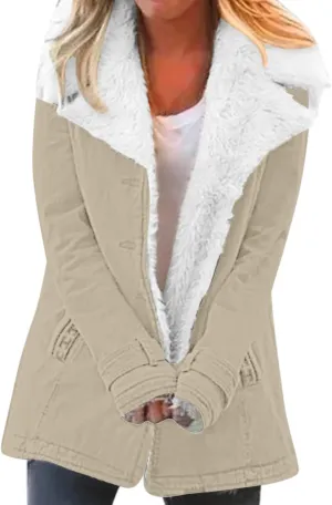 Womens Fleece Winter Jackets Plush Lapel Button Slim Fuzzy Jackets Plus Size Warm Furry Blazer Faux Fur Sherpa Coat