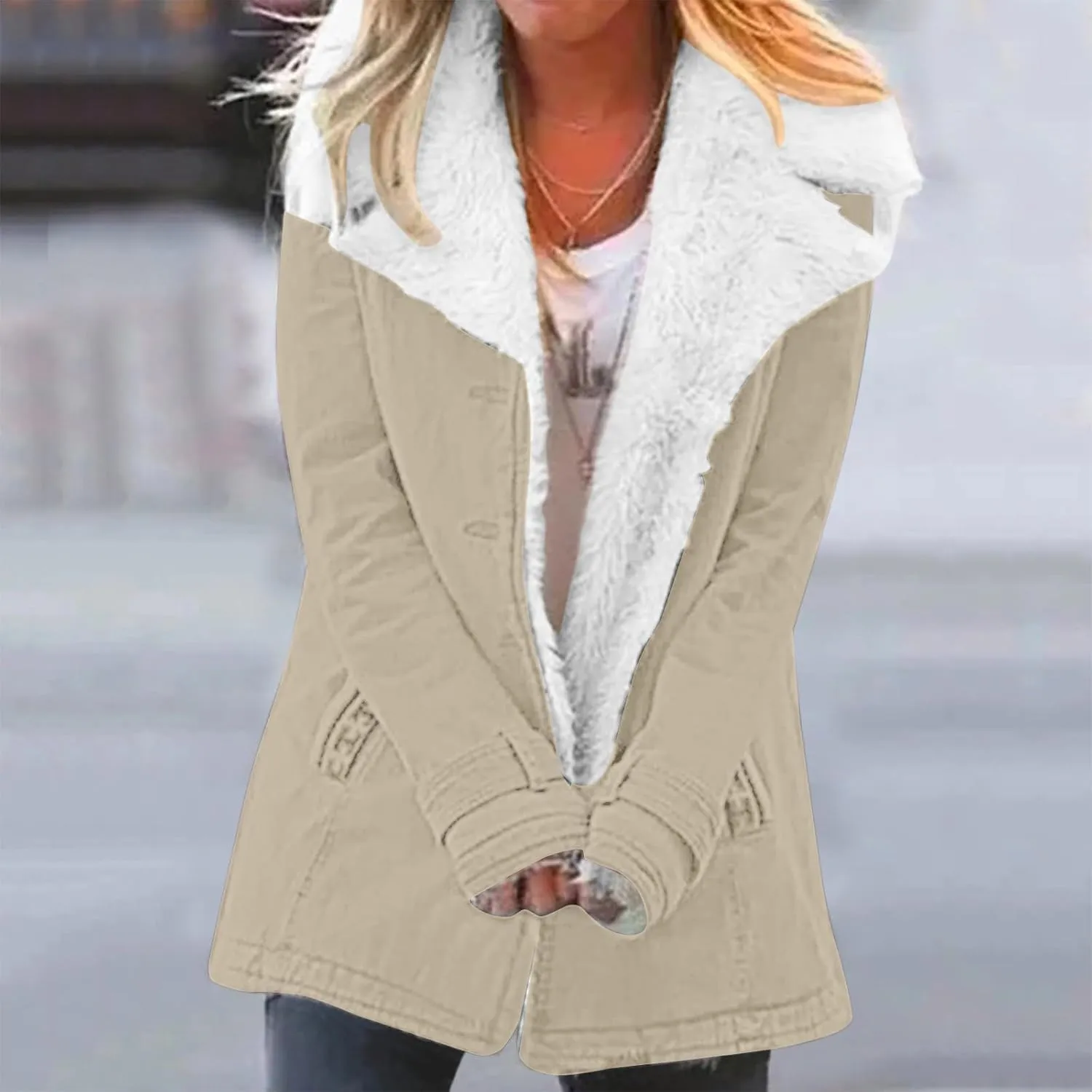 Womens Fleece Winter Jackets Plush Lapel Button Slim Fuzzy Jackets Plus Size Warm Furry Blazer Faux Fur Sherpa Coat