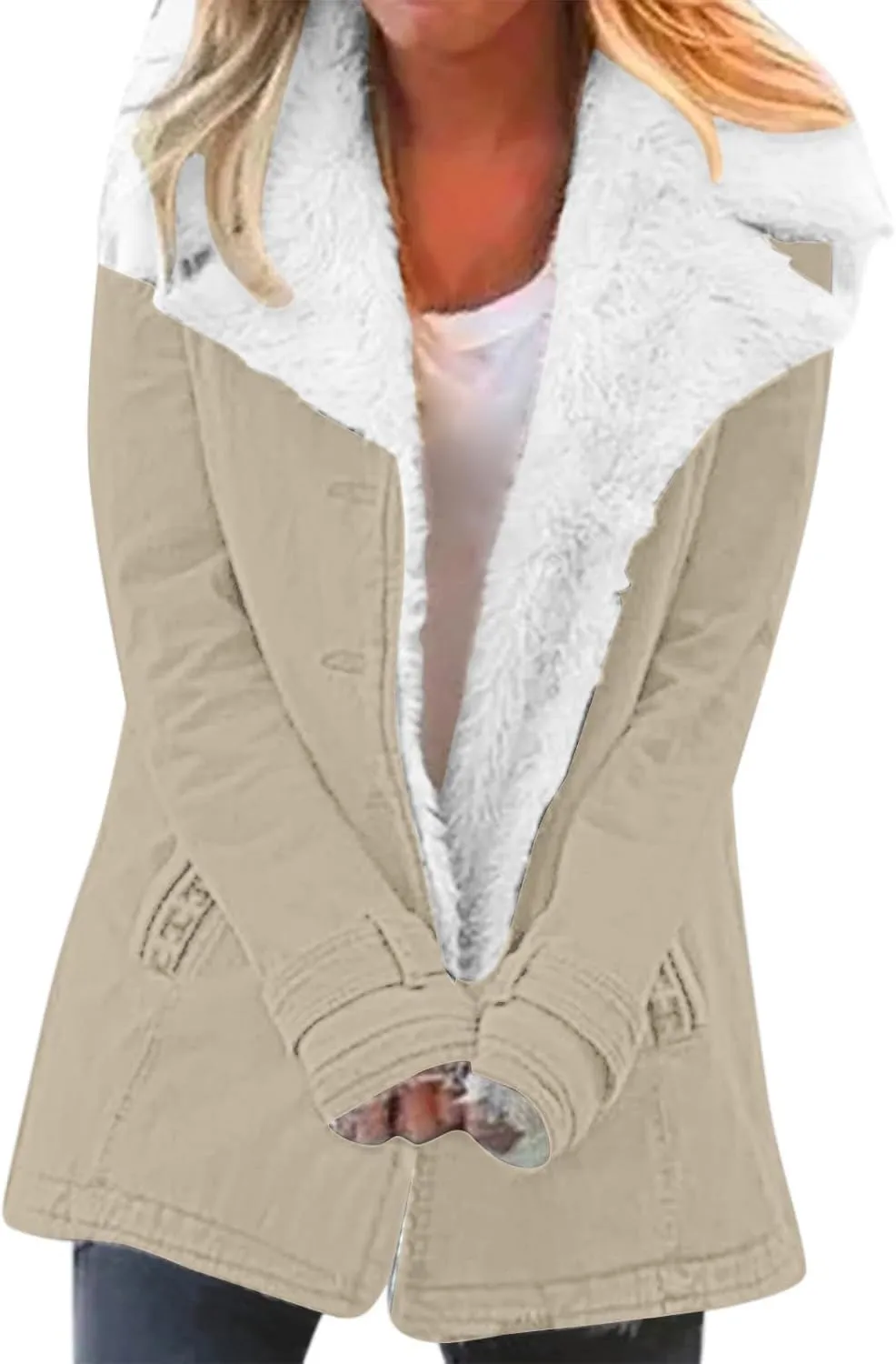 Womens Fleece Winter Jackets Plush Lapel Button Slim Fuzzy Jackets Plus Size Warm Furry Blazer Faux Fur Sherpa Coat