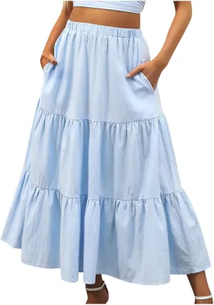 Women's Flowy Maxi Skirt 2025 Summer Ruffle High Waisted A-Line Skirts Casual Solid Long Pleated Skirt with Pockets