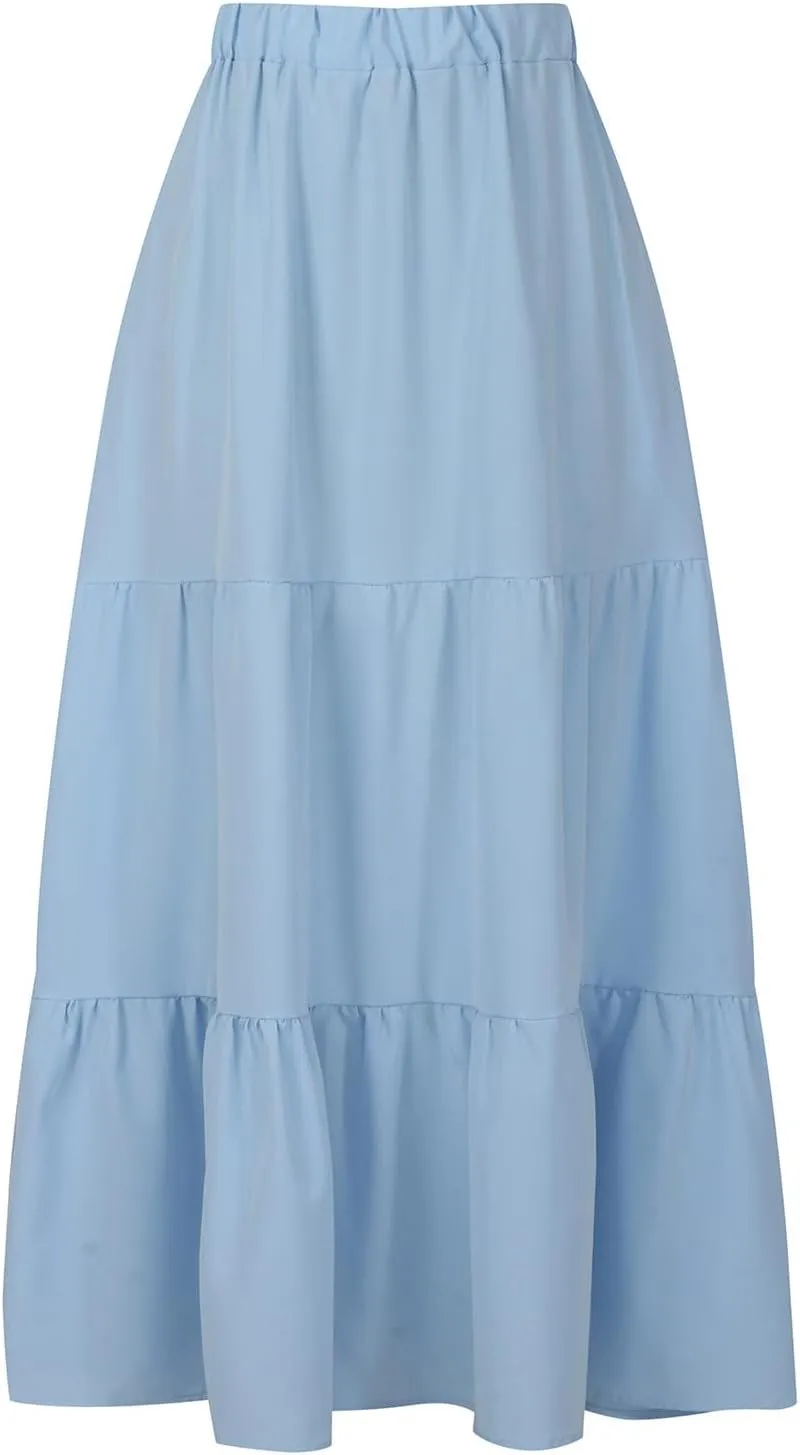 Women's Flowy Maxi Skirt 2025 Summer Ruffle High Waisted A-Line Skirts Casual Solid Long Pleated Skirt with Pockets