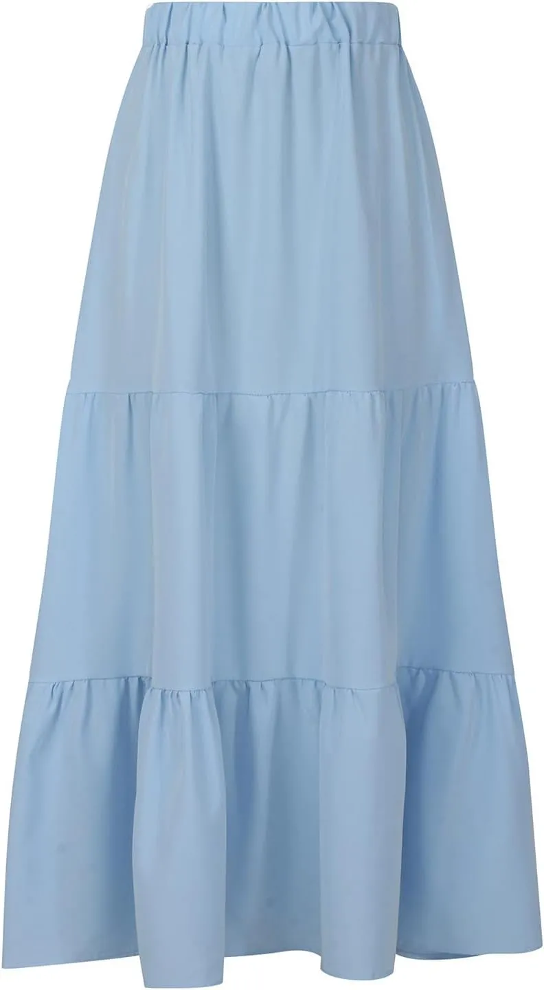 Women's Flowy Maxi Skirt 2025 Summer Ruffle High Waisted A-Line Skirts Casual Solid Long Pleated Skirt with Pockets