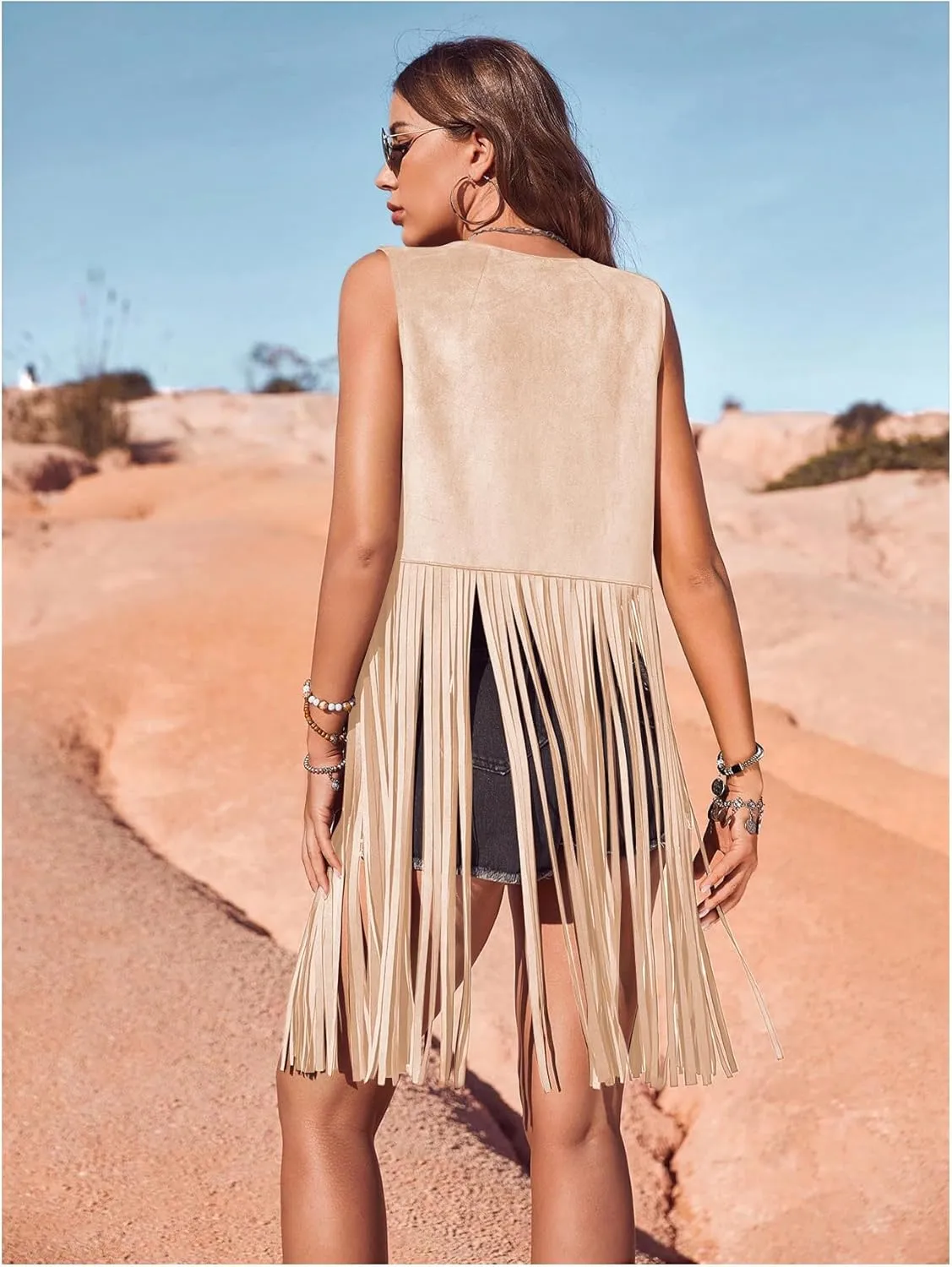 Women's Fringe Vest Sleeveless 70s Hippie Faux Suede Trim Western Cowgirl Tassel Jacket Cardigan