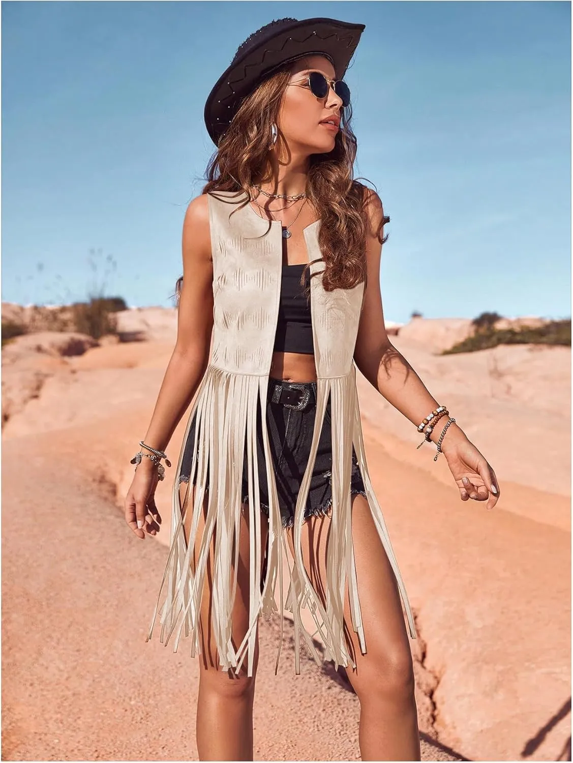 Women's Fringe Vest Sleeveless 70s Hippie Faux Suede Trim Western Cowgirl Tassel Jacket Cardigan